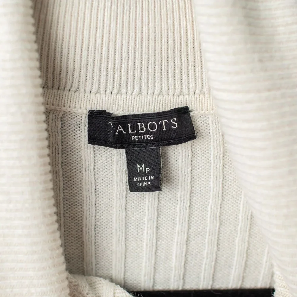 Talbots Petites Medium Women's Ivory Ribbed Turtleneck Sweater Gold Button Cuffs
